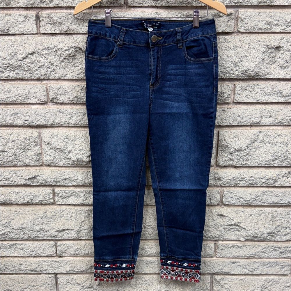 Boom Boom Jeans Navy Cropped Ankle Jeans with Beaded Embroidered Hem